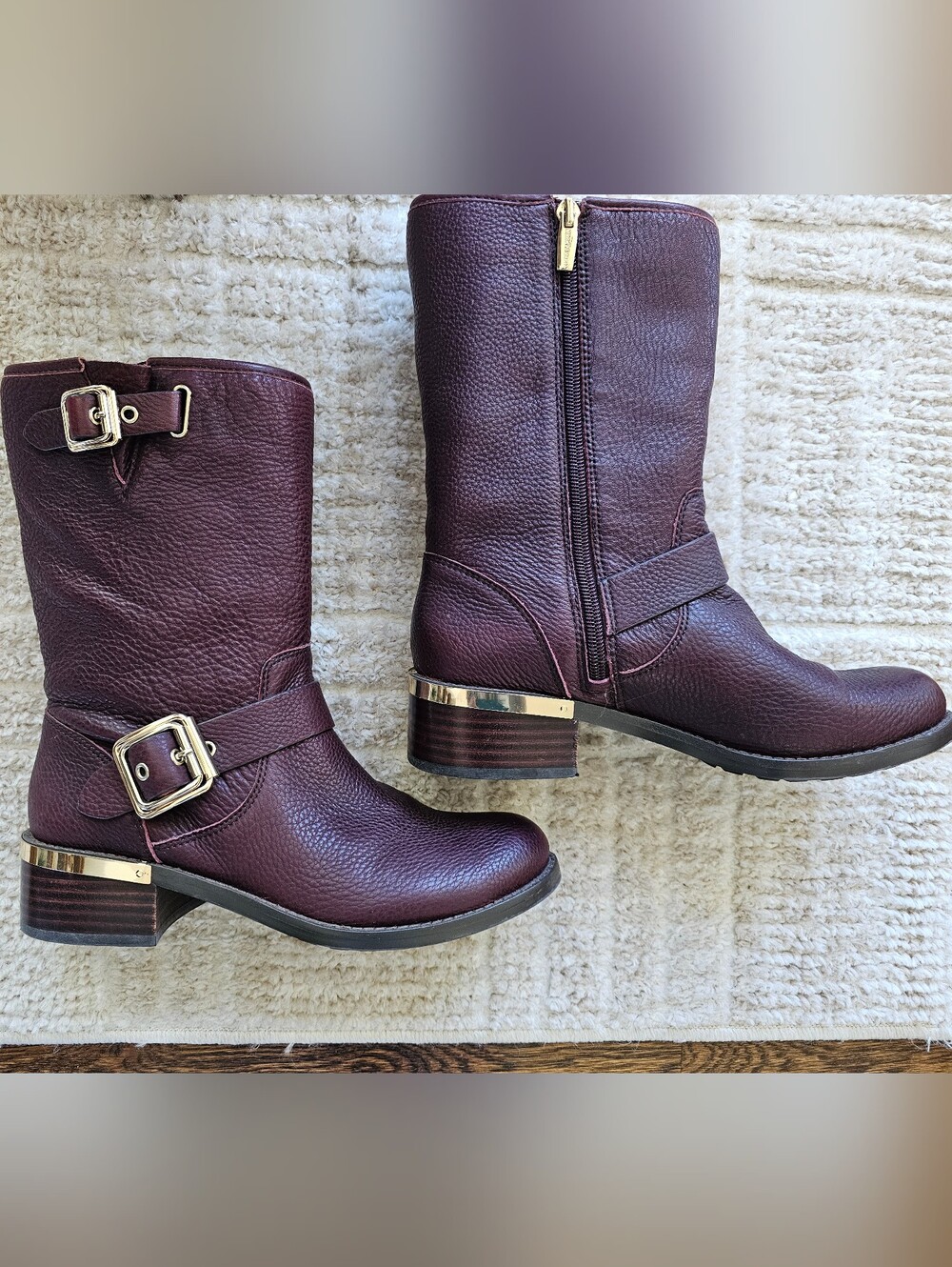 Vince Camuto Women's Burgundy Mid-Calf Leather Boots with Gold Accent
